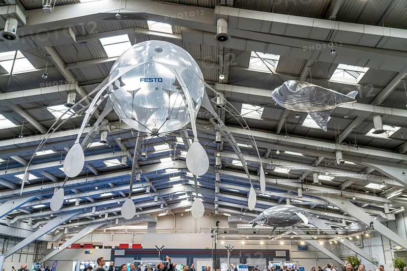 Mechanical flying objects, filled with helium, controlled by fine mechanics, movements copied from animals, birds, fish, bionics applied, to illustrate technical processes, by automation specialists Festo, at the Hannover Messe, Lower Saxony, Germany, Europe
