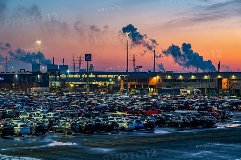 Car terminal in the Logport I inland port in Duisburg on the Rhine, vehicle handling of new cars, storage area, behind the HKM steelworks in Duisburg-Hüttenheim, North Rhine-Westphalia, Germany, Europe
