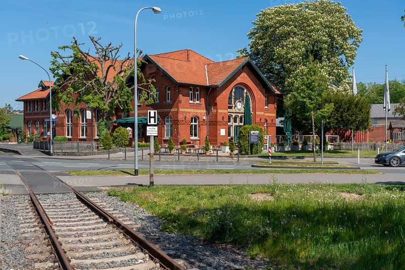 Restaurant, beer garden, LUKAS-Kulinarischer Bahnhof Essen-Kupferdreh, former railway station, on Lake Baldeney, in Essen, North Rhine-Westphalia, Germany, Europe