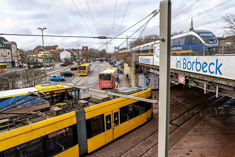 Ruhrbahn transport buses, at Essen-Borbeck S-Bahn station, interface between rail transport, Nordwestbahn and bus lines, trams, in Essen, North Rhine-Westphalia, Germany, Europe
