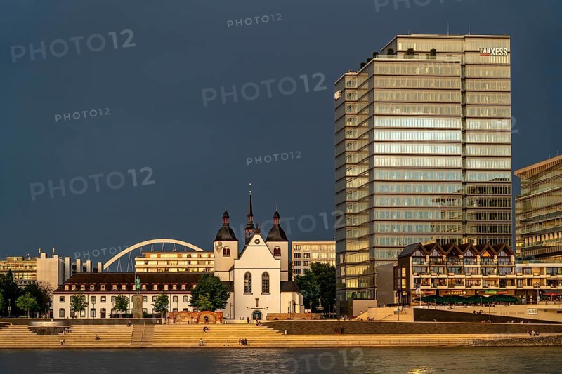 Kennedyufer in Cologne Deutz, on the Rhine, Old St Heribert Church, Lanxess Tower, administration building, arch of the Lanxess Arena, Cologne, North Rhine-Westphalia, Germany, Europe