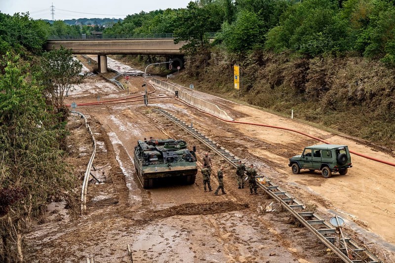 Flood on the Erft, here the federal road B265 destroyed by the water, Erftstadt, North Rhine-Westphalia, Germany, Europe