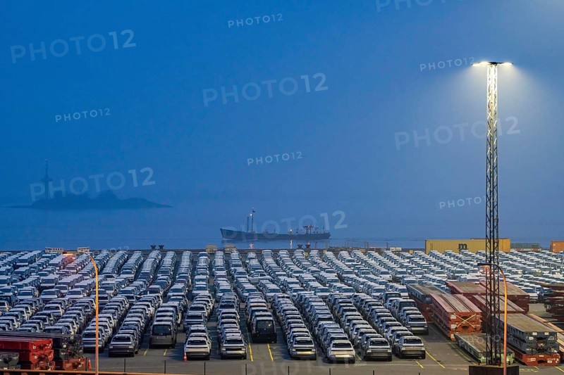 Parking space for import vehicles, hundreds of Hyundai Ioniq, electric cars, waiting for onward transport, ship on the Weser, at the EUROGATE container terminal in the overseas harbour of Bremerhaven, Lower Saxony, Germany, Europe
