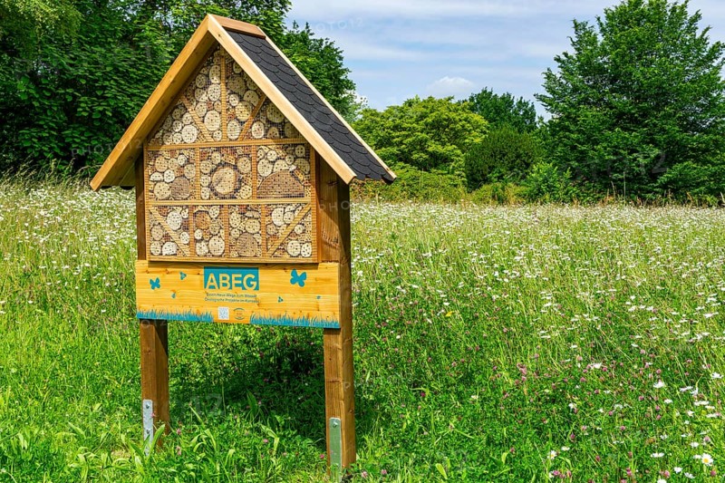 Insect hotel, wildflower meadow at the park cemetery in Essen, the city's largest cemetery, North Rhine-Westphalia, Germany, Europe