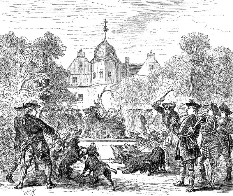 A royal nimrod, hunting pleasure at Wusterhausen Castle, Brandenburg, driven hunt, hunting dogs, beaters, blowers, stag, antlers, many people, Prussian history, historical illustration 1882