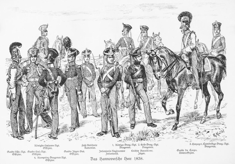 Historical illustration of uniforms around 1838, soldiers and officers with weapons and horses, regiments and battalions, guard cuirassiers, hunters, dragoons, hussars, foot artillery, infantry, cuirassiers, from 'Zur Erinnerung an die Königlich Hannoversche Armee und ihre Stammtruppen', commemorative sheet for the celebration of 19 December 1903, Meisenbach, Riffarth & Co., Germany, Europe