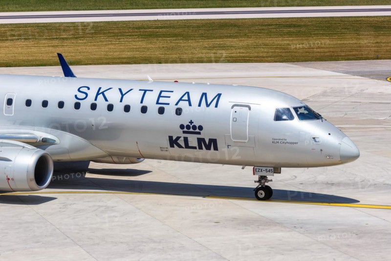 A KLM cityhopper Embraer 190 aircraft with the registration PH-EZX and the Skyteam special livery at Split Airport, Croatia, Europe
