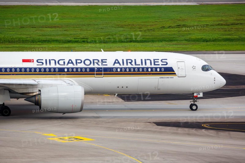 A Singapore Airlines Airbus A350-900 aircraft with the registration 9V-SHN at Changi Airport, Singapore, Asia