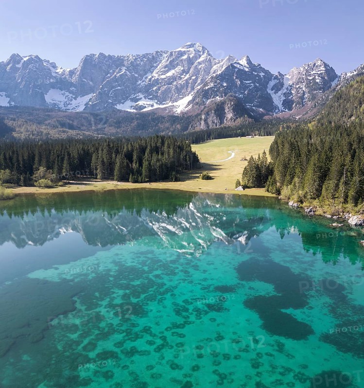 Aerial view of Lake Fusine and the Mangart mountain range, Tarvisio, province of Udine, Italy, Europe