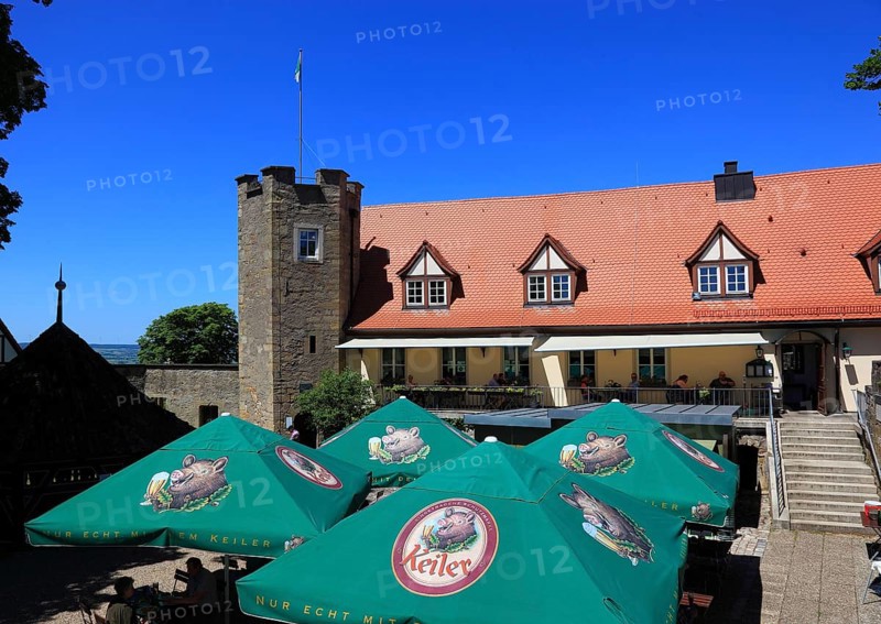Sunshades of the beer garden on the castle ruins on the Schlossberg, Königsberg in Bavaria, Königsberg i.Bay, town in the district of Haßberge, Lower Franconia, Bavaria, Germany, Europe