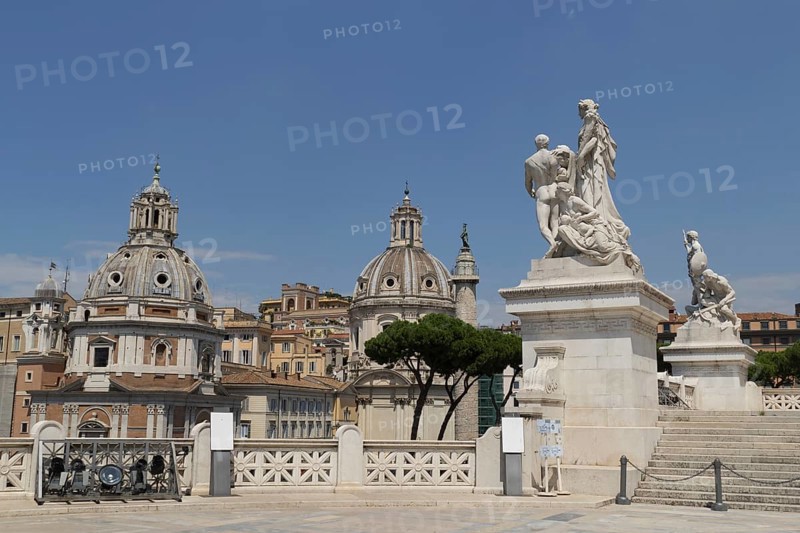 View from the Monumento Vittorio Emanuele II, Piazza Venezia, to the church of Santa Maria di Loreto, behind it the twin church Santissimo Nome di Maria al Foro Traiano, Rome, Italy, Europe