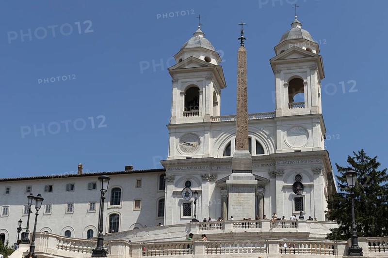 The church Santissima Trinita dei Monti, Santa Trinita dei Monti or Santissima Trinita al Monte Pincio, Most Holy Trinity on Mount Pincio, and the Obelisco Sallustiano, above the Spanish Steps in Rome, Italy, Europe