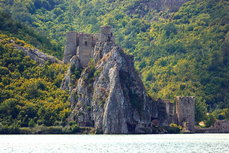 View of the castle on the Danube on the Serbian side opposite Coronini, Danube landscape, Iron Tor Tor nature park Park, Romania, Europe