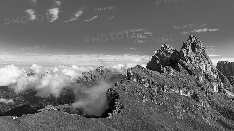 The peaks Sas Rigais and Furchetta of the Geisler group, W Drone image, black and white image, Val Gardena, Dolomites, Autonomous Province of Bolzano, South Tyrol, Italy, Europe