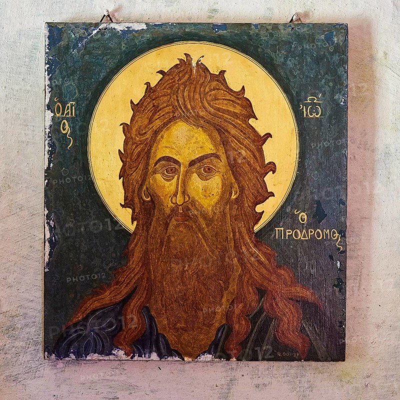 Orthodox icon of a saint with halo on ancient wall painting, Chapel of Agios Ioannis Prodromos, Sembronas, Lefka Ori, White Mountains, mountain massif, west, Crete, Greece, Europe