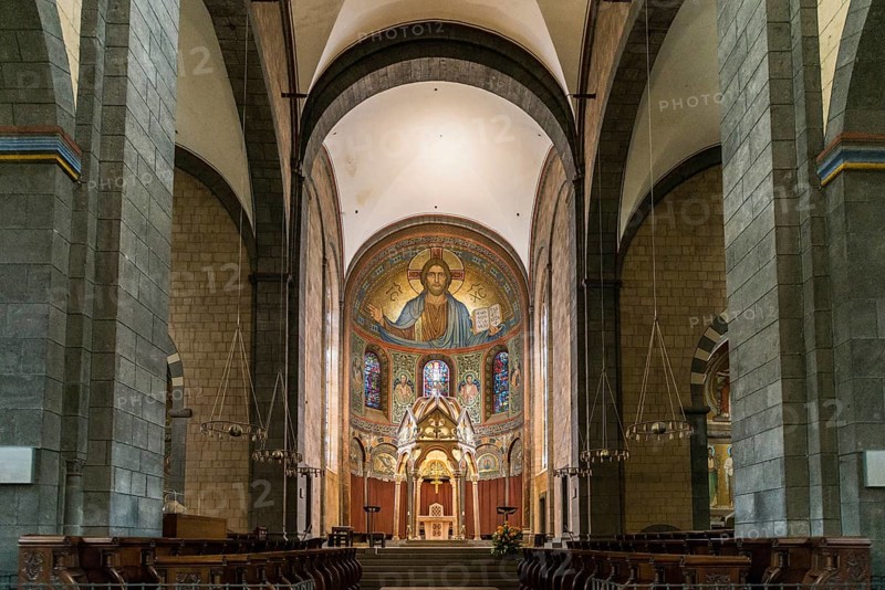 Interior view, Romanesque monastery church, Benedictine Abbey Maria Laach, Eifel, Rhineland-Palatinate, Germany, Europe