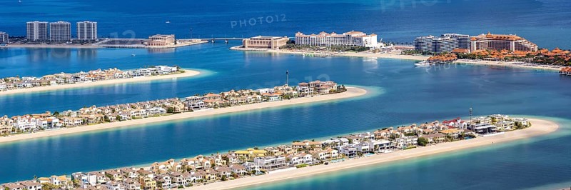 Luxury villas properties on The Palm Jumeirah man-made island with beach panorama in Dubai, United Arab Emirates, Asia