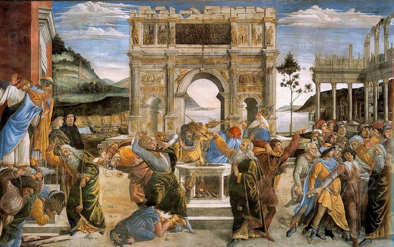 Die Bestrafung von Korach, Datan und Abiram, Fresko aus der Sixtinischen Kapelle, The Punishment of Korah, Datan and Abiram, fresco from the Sistine Chapel, Painting by Sandro Botticelli (1 March 1445, 1510), one of the most important Italian painters and draughtsmen of the early Renaissance, Historic, digitally restored reproduction from an original, Record date not stated
