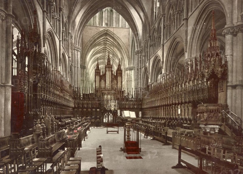 Choir of Lincoln Cathedral, Cathedral Church of the Blessed Virgin Mary of Lincoln, The Cathedral Church of St Mary, one of the most important works of English Gothic art, England, c. 1890, Historic, digitally restored reproduction from a 19th century original