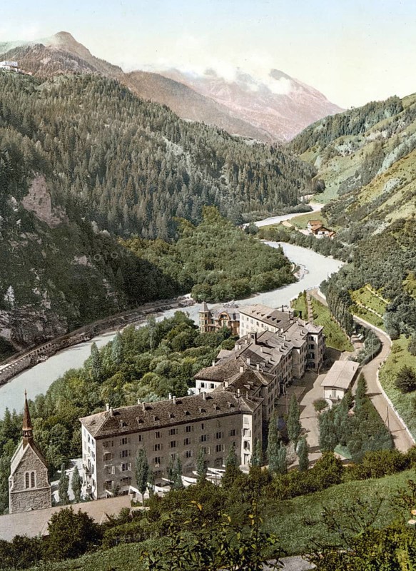 Lower Engadine, Tarasp, spa hotel and church, Graubuenden, Switzerland, Historical, digitally restored reproduction from a 19th century original, Record date not stated, Europe