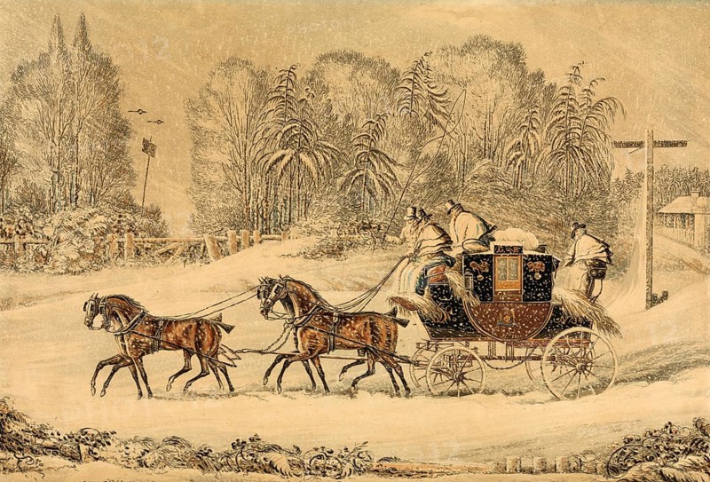 The stagecoach in a snowstorm, 1850, England, Historical, digitally restored reproduction from a 19th century original, Record date not stated