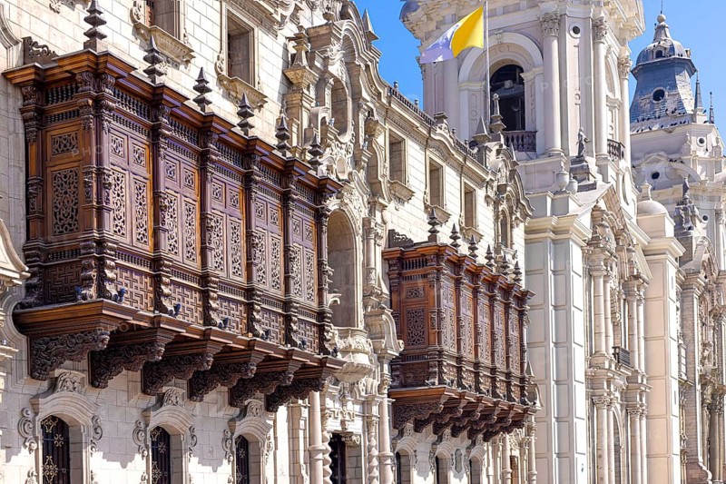Lima, Peru, Archbishop Palace on colonial Central plaza Mayor or Plaza de Armas in historic center, South America