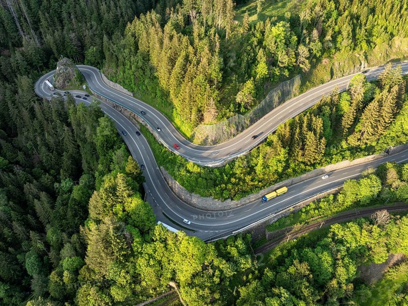 Aerial view of the federal road B31, Kreuzfelsenkurve in the southern Black Forest, Breisgau-Hochschwarzwald, Baden-Württemberg, Germany, Europe