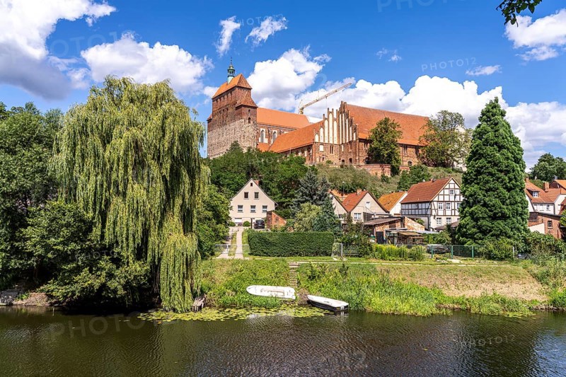 City moat and the Havelberg Cathedral of St Mary, Havelberg, Saxony-Anhalt, Germany, Europe