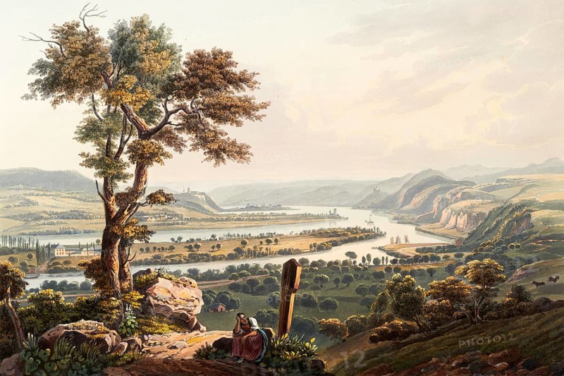 View from Karthaus to Stolzenfels Castle in the Middle Rhine Valley in Koblenz, Rhineland-Palatinate, Germany, view around 1830, digitally restored reproduction of a 19th century model by Johann Ludwig Bleuler (12 February 1792 - 28 March 1850), Swiss draughtsman and painter, Europe