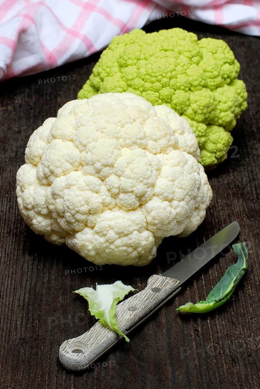 Green and white Cauliflower (Brassica oleracea var. botrytis) knife