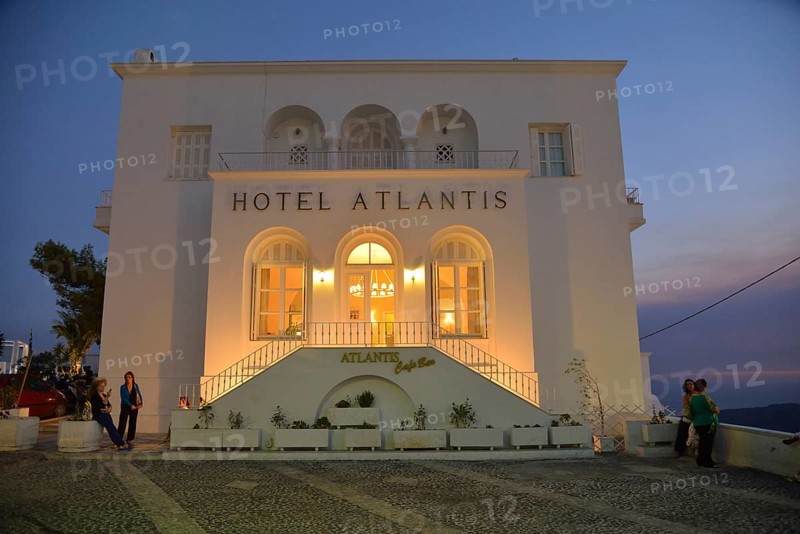Atlantis Hotel at dusk, Firá, Thira, Santorin, Cyclades, Greece, Europe