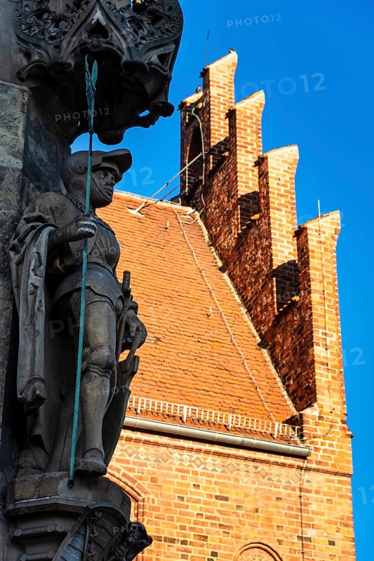 Figure of Saint Mauritius on the town hall of Jüterbog, Brandenburg, Germany, Europe