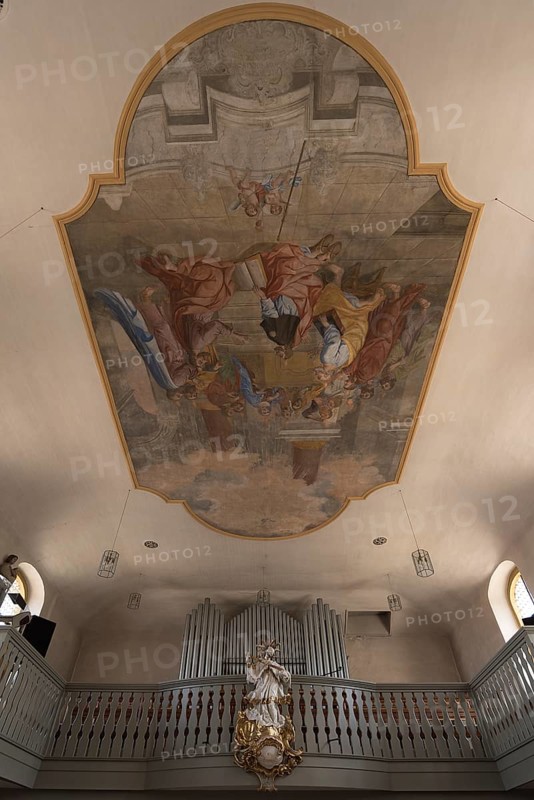 Ceiling painting and the figure of St. Nepomuk in front of the organ loft in the parish church of St. James the Elder, built 1757-1792, Viereth-Trunstadt, Lower Franconia, Bavaria, Germany, Europe