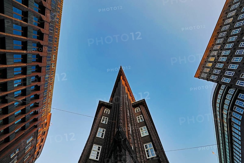 Chilehaus, view of the Ostspitze with Messberghof and Sprinkenhof, Kontorhausviertel, UNESCO World Heritage Site, Hamburg, Germany, Europe