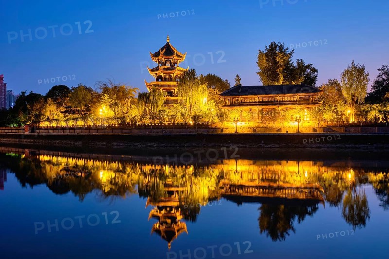 Wangjiang Pavilion Park (Wangjianglou Park) view over Jinjiang River, Chengdu, Sichuan, China illuminated at night