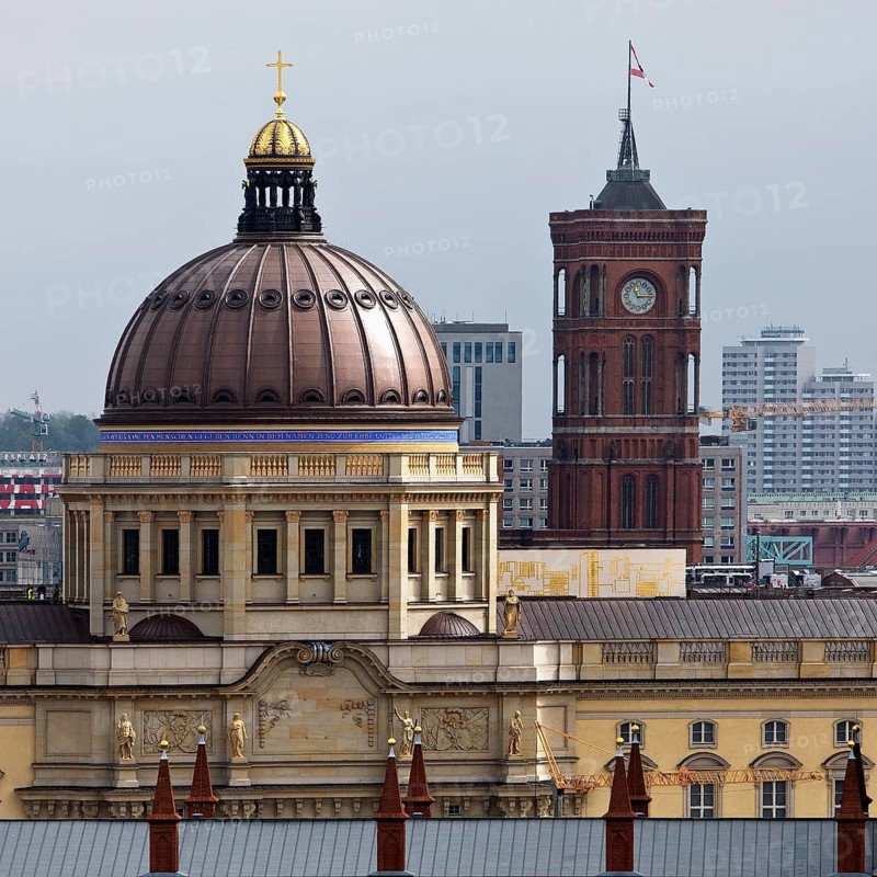 Humboldt Forum and Rotes Rathaus above the rooftops of the city, Berlin, Germany, Europe