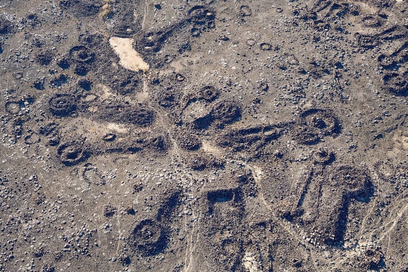 Neolithic stone ritual buildings, so-called mustatils, aerial view, near Khaybar, Medina province, Saudi Arabia, Arabian Peninsula, Asia