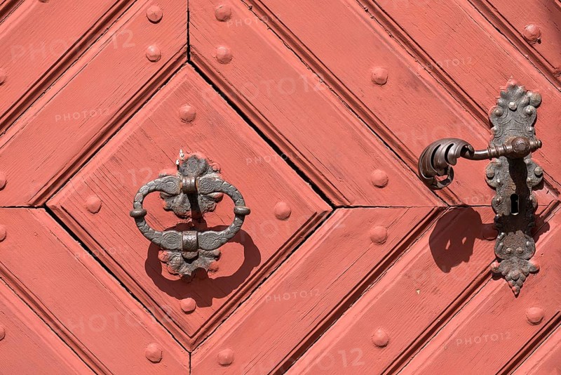 Historic door handle and knocker on the front door of the former provost's court of Michelfeld Monastery in the Upper Palatinate, 1706, Zeil am, Main, Lower Franconia, Bavaria, Germany, Europe
