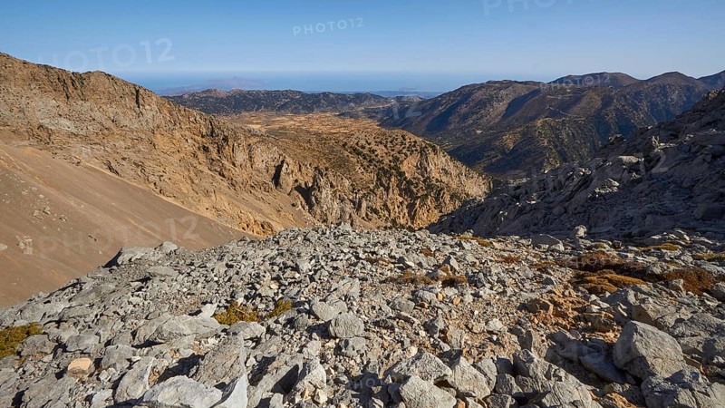 Scree, Gingilos, Hiking on the Gingilos, Morning light, Cloudless blue sky, Samaria Gorge, Omalos, Lefka Ori, White Mountains, West Crete, Island of Crete, Greece, Europe