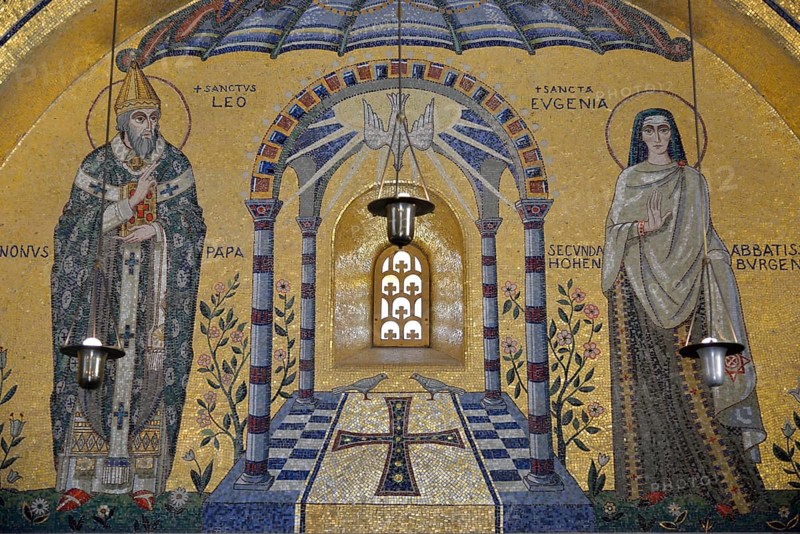 Mosaic wall in the Chapel of Tears, Odilien monastery on Odilien mountain in Ottrott, Département Bas-Rhin, Alsace, France, Europe