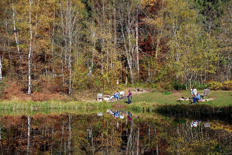 Walkers at the Sankenbachsee, Karsee, autumn, near Baiersbronn, Freudenstadt district, Black Forest, Baden-Württemberg, Germany, Europe