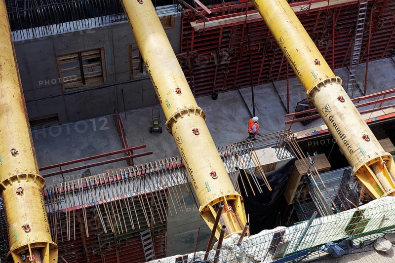 Construction site underground underground station Düsseldorf Airport, U 81, civil engineering with Groundforce hydraulic props, North Rhine-Westphalia, Germany, Europe