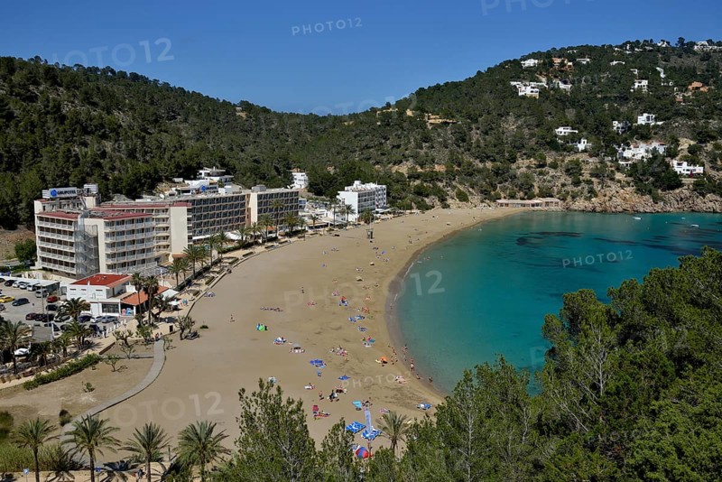 Cala San Vicente town and beach, Ibiza, Balearic Islands, Spain, Europe