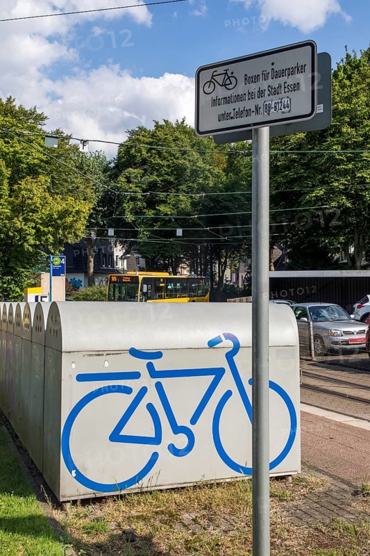 Bicycle boxes at a bus and tram stop in Essen, commuters can rent the boxes and park their bikes securely there to change to bus and train, Essen, North Rhine-Westphalia, Germany, Europe