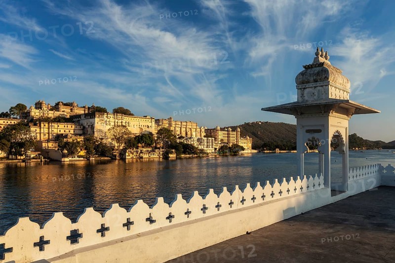 India luxury tourism concept background, Udaipur City Palace from Lake Pichola. Udaipur, Rajasthan, India, Asia