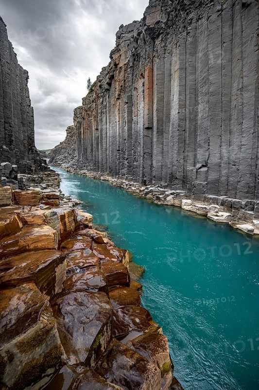 Stuðlagil Canyon, turquoise river between basalt columns, Egilsstadir, Iceland, Europe