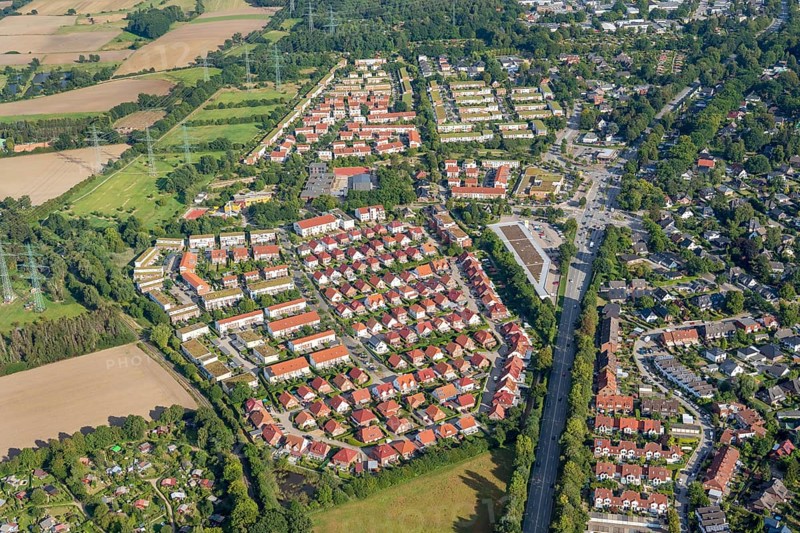 Aerial view of the housing estate Boberger Dorfanger, detached house, terraced house, traffic-calmed, Boberg, Bergedorf, Hamburg