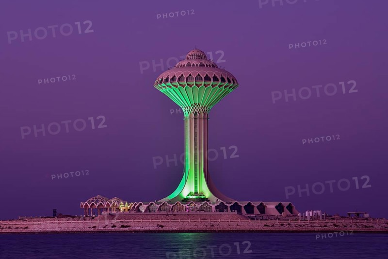 Illuminated water tower on the Corniche, blue hour, blue hour, Al Khobar, Ash Sharqiyah province, Persian Gulf, Saudi Arabia, Asia
