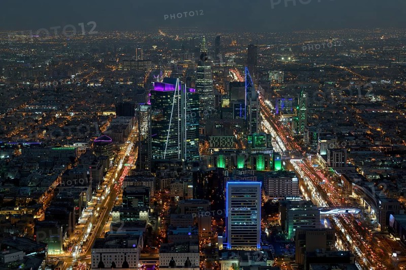 Panoramic view from the Sky Bridge, blue hour, Kingdom Center, Riyadh, Saudi Arabia, Asia