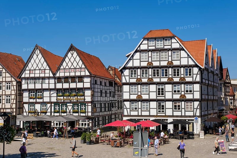 Im wilden Mann restaurant, half-timbered houses on the market square, old town, Soest, North Rhine-Westphalia, Germany, Europe